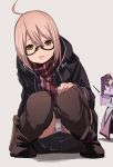  ahoge artoria_pendragon_(all) blonde_hair blush boots bow detached_sleeves fate/grand_order fate_(series) fu-ta glasses grey_background mysterious_heroine_x_(alter) panties pantyshot plaid plaid_scarf purple_hair scarf scathach_(fate)_(all) scathach_skadi_(fate/grand_order) semi-rimless_eyewear skirt thigh-highs underwear white_panties yellow_eyes 
