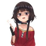  1girl bare_shoulders black_choker black_gloves breasts brown_hair choker commentary eyebrows_visible_through_hair fingerless_gloves gloves highres kono_subarashii_sekai_ni_shukufuku_wo! looking_at_viewer medium_hair megumin no_hat no_headwear off-shoulder_shirt off_shoulder open_mouth ranf red_eyes red_shirt sarashi shaded_face shirt sidelocks simple_background small_breasts solo thumbs_up upper_body white_background 