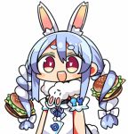  1girl :d animal_ear_fluff animal_ears bangs blue_hair blush_stickers bow braid bunny-shaped_pupils bunny_girl bunny_tail detached_sleeves dress eyebrows_visible_through_hair food food_themed_hair_ornament hair_between_eyes hair_bow hair_ornament hamburger hololive kanikama lowres multicolored_hair open_mouth puffy_short_sleeves puffy_sleeves rabbit_ears red_eyes short_eyebrows short_sleeves sidelocks simple_background smile solo tail thick_eyebrows twin_braids twintails two-tone_hair upper_body upper_teeth usada_pekora virtual_youtuber white_background white_bow white_dress white_hair white_sleeves 