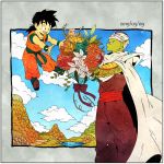  2019 2boys :d black_eyes black_hair blue_footwear blue_sky boots border bouquet breasts cape child clouds cloudy_sky dated day dot_nose dougi dragon_ball dragon_ball_z floating flower frown giving grass green_flower grey_border highres lake leaf medium_breasts messy_hair mountain multiple_boys nature open_mouth orange_flower outdoors outside_border outstretched_arms path piccolo pink_flower pink_rose pointy_ears profile purple_ribbon red_flower red_rose ribbon rose serious sky smile son_gohan standing teeth toritoki_(trig_tkdb) turban upper_teeth water white_cape white_flower white_rose wristband 
