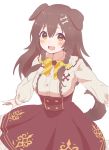  1girl :d animal_ears bangs blush_stickers bone_hair_ornament bow breasts brown_eyes brown_hair brown_skirt cartoon_bone collared_shirt diagonal_stripes dog_ears dog_girl dog_tail eyebrows_visible_through_hair frilled_skirt frills hair_between_eyes high-waist_skirt hololive inugami_korone long_hair long_sleeves medium_breasts open_mouth puffy_long_sleeves puffy_sleeves shirt simple_background skirt smile solo striped striped_bow tadanoshi_kabane tail virtual_youtuber white_background white_shirt 