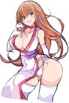  1girl :d breasts dead_or_alive elbow_gloves enpe eyebrows eyebrows_visible_through_hair gloves happy highres japanese_clothes kasumi_(doa) large_breasts long_hair open_mouth orange_hair pelvic_curtain red_eyes simple_background smile thigh-highs white_background white_gloves white_legwear 