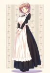  1girl apron black_dress breasts brown_footwear brown_hair closed_mouth dress floral_background frilled_apron frills full_body highres ichi_makoto juliet_sleeves long_sleeves looking_at_viewer maid maid_headdress medium_breasts neck_ribbon original own_hands_together puffy_sleeves ribbon short_hair smile solo standing v_arms white_apron white_neckwear white_ribbon yellow_eyes 