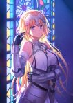  1girl armor armored_dress backlighting bangs bare_shoulders blonde_hair breasts chain closed_mouth dress eyebrows_visible_through_hair fate/grand_order fate_(series) gauntlets hand_up headpiece indoors jeanne_d&#039;arc_(fate) jeanne_d&#039;arc_(fate)_(all) long_hair medium_breasts purple_hair sheath sheathed sleeveless sleeveless_dress smile solo stained_glass sword underbust upper_body very_long_hair weapon white_dress window yamyom 