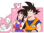  1boy 1girl :&lt; ? ^_^ arms_around_neck bangs bare_arms bare_shoulders black_eyes black_hair blue_dress blunt_bangs blush bracelet chi-chi_(dragon_ball) china_dress chinese_clothes closed_eyes closed_mouth clothes_writing collarbone confused couple dougi dragon_ball dragon_ball_(classic) dragon_ball_z dress earrings eyelashes finger_to_cheek frown hair_bun happy heart hetero highres hug hug_from_behind interlocked_fingers jewelry laughing leaning leaning_back looking_at_another looking_back motion_lines nervous number open_mouth own_hands_together ponytail sidelocks sleeveless sleeveless_dress smile son_gokuu sora_(happygreencandy) spiky_hair sweatdrop wristband 