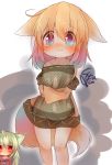  1girl animal_ears bare_shoulders blonde_hair blush brown_dress commentary_request dress fox_ears fox_tail looking_at_viewer object_hug original pillow pillow_hug pink_eyes short_hair solo strapless strapless_dress sunapua tail 