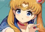  1girl artist_name bangs bishoujo_senshi_sailor_moon blonde_hair blue_eyes blue_sailor_collar blush chintora0201 choker circlet collarbone commentary crescent crescent_earrings earrings eyebrows_visible_through_hair fang hair_ornament heart heart_choker jewelry long_hair looking_at_viewer meme parted_bangs red_choker sailor_collar sailor_moon sailor_moon_redraw_challenge skin_fang solo tearing_up twintails upper_body 