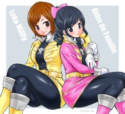  2girls abe_tsukumo ahim_de_famille black_hair bodysuit breasts brown_eyes brown_hair closed_mouth elbow_gloves gloves gokai_pink gokai_yellow highres kaizoku_sentai_gokaiger large_breasts long_hair looking_at_viewer luka_millfy multiple_girls no_helmet pantyhose shiny shiny_clothes short_hair smile super_sentai tokusatsu 