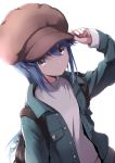  1girl absurdres adjusting_clothes adjusting_hat backpack bag bag_charm blue_hair brown_eyes cabbie_hat charm_(object) commentary denim denim_jacket dog hat highres n2midori shima_rin solo turtleneck white_background yurucamp 