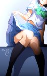  1girl arm_support black_legwear blue_sailor_collar blue_skirt closed_mouth dated feet_out_of_frame green_neckwear head_out_of_frame hibike!_euphonium highres hisaishi_kanade kitauji_high_school_uniform kneehighs leaning_to_the_side lifted_by_self midriff_peek miniskirt neckerchief nii_manabu pleated_skirt purple_hair sailor_collar school_uniform serafuku shirt short_hair short_sleeves signature sitting skirt skirt_lift smile solo white_shirt 