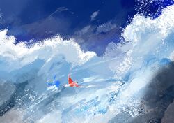  absurdres aomidori_iro blue_sky clouds cloudy_sky commentary creature flying gen_3_pokemon highres latias latios legendary_pokemon no_humans outdoors pokemon pokemon_(creature) sky wide_shot 