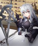  1girl alcohol animal_ear_fluff animal_ears arknights beer beer_can black_coat black_jacket black_shorts blush can coat eyebrows_visible_through_hair glass_bottle gloves grey_eyes grey_gloves grey_hair hair_between_eyes highres jacket lappland_(arknights) long_hair long_sleeves looking_at_viewer rino_rea shorts silver_hair smile sword weapon wolf_ears 