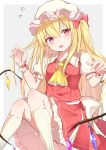  1girl absurdres alternate_hair_length alternate_hairstyle arms_up bloomers blush commentary cravat eyebrows_visible_through_hair feet_out_of_frame fingernails flandre_scarlet flying_sweatdrops grey_background hair_between_eyes hair_ribbon hand_in_hair hat head_tilt highres iyo_(ya_na_kanji) kneehighs knees_together_feet_apart long_hair looking_at_viewer mob_cap one_side_up open_mouth petticoat puffy_short_sleeves puffy_sleeves red_eyes red_skirt red_vest ribbon shirt short_sleeves simple_background sitting skirt skirt_set slit_pupils solo touhou underwear very_long_hair vest white_headwear white_legwear white_shirt wings wrist_cuffs yellow_neckwear 