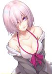  1girl bangs bare_shoulders bikini blush breasts collarbone commentary_request fate/grand_order fate_(series) grey_jacket hair_over_one_eye highres hood hooded_jacket jacket large_breasts long_sleeves looking_at_viewer mash_kyrielight re_(re_09) short_hair smile solo swimsuit upper_body violet_eyes white_bikini 