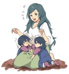  1boy 2girls alternate_costume blue_eyes blue_hair byleth_(fire_emblem) byleth_eisner_(female) byleth_eisner_(male) closed_mouth fire_emblem fire_emblem:_three_houses highres long_hair mother_and_daughter mother_and_son multiple_girls open_mouth overalls short_hair short_sleeves simple_background sitri_(fire_emblem) sitting souen_senri white_background younger 
