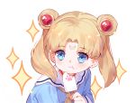  :t bangs bishoujo_senshi_sailor_moon blue_eyes blue_shirt blush brown_neckwear choker closed_mouth collared_shirt commentary_request derivative_work double_bun eating eyebrows_visible_through_hair facial_mark food food_on_face forehead_mark hair_ornament highres holding holding_food ice_cream ice_cream_on_face light_brown_hair long_hair long_sleeves parted_bangs red_choker sailor_moon sailor_moon_redraw_challenge screencap_redraw shirt simple_background sleeves_past_wrists sparkle tsubasa_tsubasa tsukino_usagi twintails upper_body white_background 