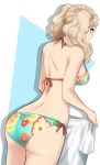  1girl ass back bikini blonde_hair blue_eyes cute floral_print from_behind highres holding_clothes kurosususu long_hair looking_at_viewer looking_back megami_tensei persona persona_5 shirt side-tie_bikini solo swimsuit t-shirt takamaki_anne twintails 