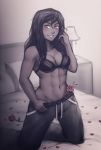  1girl abs avatar_(series) bed bra breasts collarbone dark_skin flower iahfy kneeling korra lamp looking_at_viewer medium_breasts monochrome no_shirt on_bed pants pillow rose small_breasts smile solo sweatpants the_legend_of_korra underwear watermark 