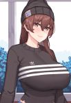  1girl adidas alternate_costume alternate_hairstyle black_headwear black_shirt breasts brown_eyes brown_hair franham hair_down highres kaga_(kantai_collection) kantai_collection knit_hat large_breasts long_hair long_sleeves shirt smile solo upper_body 