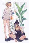  2girls akka_0510 anklet apex_legends artist_name black_hair blonde_hair blue_eyes commentary commentary_request hairband highres jacket jewelry looking_at_viewer multiple_girls plant potted_plant shorts smile tank_top twitter_username violet_eyes wattson_(apex_legends) wraith_(apex_legends) 