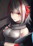  1girl :p arknights bangs bare_shoulders black_gloves breasts commentary_request dated doctor_(arknights) fang fang_out fingerless_gloves gloves grey_scarf grey_shirt hand_on_own_chest highres horns indoors katsuki_natsu large_breasts looking_at_viewer nail_polish red_nails scarf shirt short_hair silver_hair sleeveless sleeveless_shirt solo_focus tongue tongue_out upper_body w_(arknights) yellow_eyes 