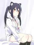  1girl animal_ear_fluff animal_ears asutora black_hair black_legwear brown_eyes cat_ears hair_between_eyes k-on! kemonomimi_mode kneehighs long_hair long_sleeves nakano_azusa open_clothes open_shirt shirt sitting solo thighs twintails white_shirt 