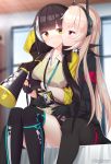  2girls absurdres armband arms_around_waist bangs black_gloves black_hair black_jacket black_legwear black_skirt blonde_hair blunt_bangs blush cheek_kiss closed_mouth collarbone eyebrows_visible_through_hair girls_frontline gloves headgear heterochromia highres holding id_card indoors jacket kiss lanyard long_sleeves looking_at_another m4_sopmod_ii_(girls_frontline) megaphone multicolored_hair multiple_girls orange_eyes panties pantyhose red_eyes ro635_(girls_frontline) rynzfrancis sitting skirt streaked_hair sweater thigh-highs thigh_strap thighs twintails underwear white_hair white_panties yellow_eyes yellow_jacket yellow_sweater yuri 