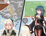 ! 2girls armor artist_name black_gloves black_hairband black_shorts blue_eyes blue_hair byleth_(fire_emblem) byleth_eisner_(female) chalkboard corrin_(fire_emblem) corrin_(fire_emblem)_(female) fire_emblem fire_emblem:_three_houses fire_emblem_fates from_behind gloves hairband hands_clasped imagining long_hair multiple_girls navel_cutout open_mouth own_hands_together pantyhose pitapita_misya pointy_ears red_eyes shorts spoken_exclamation_mark super_smash_bros. white_hair 