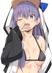  1girl animal_hood bangs bare_shoulders bikini black_bikini black_jacket blue_bow blue_eyes blush bow breasts collarbone fate/grand_order fate_(series) hood hood_up jacket long_hair long_sleeves looking_at_viewer meltryllis meltryllis_(swimsuit_lancer)_(fate) one_eye_closed open_clothes open_jacket open_mouth penguin_hood purple_hair shiseki_hirame simple_background sleeves_past_wrists small_breasts swimsuit tongue tongue_out v white_background 