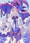  :o abigail_williams_(fate/grand_order) absurdres arm_up bangs blonde_hair blue_background blue_eyes blue_flower blue_rose boots bow breasts collar eyebrows_visible_through_hair eyes_visible_through_hair facing_viewer fate/grand_order fate_(series) flower frilled_sleeves frills gat hat hat_flower highres laces long_hair long_sleeves looking_at_viewer parted_bangs parted_lips purple_bow purple_legwear purple_ribbon ribbon rose see-through simple_background striped striped_legwear tewo_(tewowet) thigh-highs thigh_boots white_footwear wide_sleeves witch_hat 