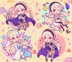 4girls armor barefoot bikini black_hairband blue_cape book bug butterfly cape character_name chibi corrin_(fire_emblem) corrin_(fire_emblem)_(female) crossed_arms dragon_tail dress fire_emblem fire_emblem_fates fire_emblem_heroes fish flower hair_flower hair_ornament hairband holding holding_book insect long_hair multiple_girls one_eye_closed open_book open_mouth pointy_ears red_eyes swimsuit tail twitter_username veil white_dress white_hair yataba_888 