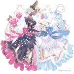  2girls alternate_costume artist_name black_dress blonde_hair blue_hair bride bride_(fire_emblem) crown dark_skin dress earrings feather_trim fire_emblem fire_emblem_heroes fjorm_(fire_emblem) flower from_side gradient_hair green_hair highres horns jewelry laegjarn_(fire_emblem) multicolored_hair multiple_girls open_mouth red_eyes sakuramotikun short_hair simple_background veil wedding_dress white_background white_dress yuri 