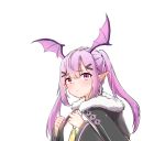  1girl arknights bangs black_jacket blush commentary eyebrows_visible_through_hair fur-trimmed_jacket fur_trim hair_between_eyes hair_ornament hairclip head_wings jacket long_hair long_sleeves looking_at_viewer manticore_(arknights) pink_eyes pink_hair pointy_ears shirt sidelocks simple_background solo twintails upper_body white_background white_shirt xiaohuanjie 