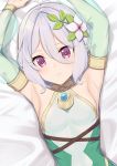  1girl absurdres armpits arms_up bed_sheet blush breasts closed_mouth detached_sleeves elf flower hair_between_eyes hair_flower hair_ornament highres k-ya. kokkoro_(princess_connect!) leaf long_sleeves looking_at_viewer lying multicolored multicolored_clothes on_back on_bed pointy_ears princess_connect! princess_connect!_re:dive short_hair silver_hair sleeves_past_wrists small_breasts smile solo upper_body violet_eyes white_flower 