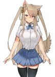  &gt;:o 1girl animal_ears bell breasts brown_eyes brown_hair button_gap cowboy_shot dress_shirt hair_bell hair_ornament jingle_bell kasuka_(kusuki) large_breasts long_hair looking_away necktie original school_uniform shirt simple_background skirt tail thigh-highs twintails very_long_hair wolf_ears wolf_tail 