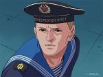  1boy blonde_hair blue_eyes hammer_and_sickle horikou sailor sailor_moon_redraw_challenge signature soviet_navy telnyashka 