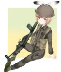  1boy akuaku_(vtuber) animal_ears bangs blonde_hair blue_eyes border check_gender collared_shirt commentary_request copyright_request full_body gradient gradient_background green_background green_footwear green_pants green_shirt gun hand_on_weapon helmet light_blush long_sleeves looking_at_viewer male_focus military military_rank_insignia military_uniform mole mole_under_eye ojisanda original outside_border pants pouch rabbit_ears shirt short_hair simple_background sitting uniform virtual_youtuber weapon weapon_request white_border wing_collar yellow_background 