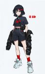  1girl absurdres alternate_costume arms_at_sides bag bangs bare_legs belt black_hair black_shirt black_shorts blue_eyes chain commentary eyelashes fanny_pack fashion full_body grey_background grin hair_between_eyes highres jacket jacket_removed kill_la_kill leather leather_jacket legs_apart looking_at_viewer matoi_ryuuko midriff multicolored_hair open_clothes open_jacket open_mouth red_legwear redhead satchel shiny shiny_hair shirt shoes short_hair short_sleeves shorts shoulder_bag simple_background smile sneakers socks solo square standing streaked_hair two-tone_hair v-shaped_eyebrows wangxi205 white_footwear 