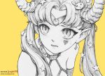  1girl breasts close-up graphite_(medium) hair_ornament hat heart jewelry pencil_skirt sailor_collar sailor_hat sailor_moon sailor_moon_redraw_challenge skirt traditional_media tsukino_usagi twintails yellow_background yugen99 