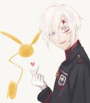  13isaco 1boy :d allen_walker bangs black_coat coat d.gray-man facial_mark gloves hair_between_eyes heart index_finger_raised long_sleeves looking_at_viewer male_focus open_mouth silver_hair simple_background smile solo star timcanpy violet_eyes white_background white_gloves 