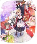  1girl :d apron azur_lane blonde_hair blurry boots breasts cherry_blossoms flower food frilled_apron frills full_body highres holding japanese_clothes kimono long_sleeves looking_at_viewer maid maid_apron maid_headdress medium_breasts official_art open_mouth oriental_umbrella pavement pink_flower pitcher sakura_koharu short_hair smile solo standing table transparent_background tray umbrella violet_eyes wa_maid wide_sleeves z23_(azur_lane) 