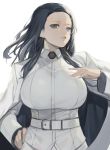  1girl belt black_hair blue_eyes breasts formal highres invincible_dragon jacket_on_shoulders jam_(nandade) large_breasts last_origin long_hair looking_at_viewer military military_uniform simple_background solo suit uniform white_background 