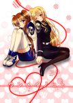  2girls blonde_hair blush brown_hair couple embarrassed fate_testarossa happy heart high_heels holding_hands legs long_hair looking_at_another lyrical_nanoha mahou_shoujo_lyrical_nanoha mahou_shoujo_lyrical_nanoha_strikers military military_uniform multiple_girls nanashiki open_mouth pantyhose red_eyes red_string side_ponytail simple_background sitting skirt smile string surprised takamachi_nanoha thigh-highs thighs translation_request uniform very_long_hair violet_eyes yuri 