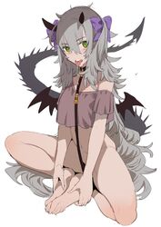  1girl bare_legs barefoot breasts collar dark_skin demon_girl demon_horns demon_tail demon_wings green_eyes grey_hair horns long_hair ponytail tail tajima_ryuushi tongue tongue_out wings 