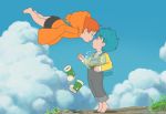  2boys animal_ears bare_legs barefoot black_shorts blue_hair blue_sky cat_boy cat_ears cat_tail chicken_1109 closed_mouth clouds cloudy_sky darwin_watterson day eye_contact fish_tail fish_tank floating floating_hair floating_object from_side gake_no_ue_no_ponyo grass green_footwear gumball_watterson holding hood hood_down hoodie looking_at_another male_focus multiple_boys open_mouth orange_hair orange_hoodie outdoors overalls pants pants_rolled_up parody personification pocket profile shirt shoes_removed shorts sky sleeves_past_fingers sleeves_past_wrists smile surprised tail the_amazing_world_of_gumball tiptoes water yellow_shirt 