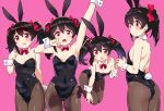  1girl alternate_costume animal_ears arm_up ass back bare_shoulders black_hair black_legwear black_leotard bow bowtie breasts bunny_tail bunnysuit detached_collar fake_animal_ears fake_tail hair_bow kurokawa_makoto leotard long_hair looking_at_viewer love_live! love_live!_school_idol_project multiple_views pantyhose pink_background rabbit_ears red_bow red_eyes red_neckwear simple_background small_breasts tail twintails wrist_cuffs yazawa_nico 