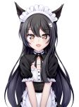  1girl :d absurdres animal_ears apron bangs black_dress black_hair black_ribbon blush brown_eyes chrisandita collarbone commentary dress eyebrows_visible_through_hair fang fox_ears fox_hair_ornament frilled_apron frills hair_between_eyes hair_ornament hairclip highres long_hair looking_at_viewer maid maid_headdress neck_ribbon open_mouth original puffy_short_sleeves puffy_sleeves ribbon short_sleeves simple_background smile solo v_arms very_long_hair waist_apron white_apron white_background 