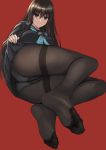  1girl ass black_legwear black_sailor_collar black_serafuku black_shirt black_skirt blue_neckwear breasts brown_eyes brown_hair closed_mouth feet full_body gusset kokuryuugan kuro_senpai_to_kuro_yashiki_no_yami_ni_mayowanai lifted_by_self long_hair long_sleeves lying medium_breasts miniskirt neckerchief on_side panties panties_under_pantyhose pantyhose pleated_skirt red_background sailor_collar school_uniform senpai_(kuro_senpai) serafuku shirt simple_background skirt skirt_lift smile soles solo thighband_pantyhose toes underwear very_long_hair white_panties 