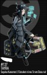  1girl absurdres asymmetrical_bangs bangs black_hair blue_eyes boots coat container eizouken_ni_wa_te_wo_dasu_na! english_text eve_online evemoedesu freckles gloves grimace hand_in_pocket hat highres kanamori_sayaka long_hair mecha_musume solo tablet_pc 