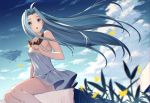  1girl ahoge akanebi blue_eyes blue_hair blurry_foreground clouds day dress dutch_angle floating_hair floating_island granblue_fantasy hair_intakes long_hair lyria_(granblue_fantasy) open_mouth outdoors shiny shiny_hair short_dress sitting sleeveless sleeveless_dress solo very_long_hair white_dress 